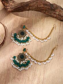 2pcs 2024 New Bohemian Style Women Jewelry Earrings - 1 Pair Vintage Finish Zinc Alloy Earrings With White/Black/Green Rhinestones & Faux Pearl Beads Tassel Design, Perfect For Daily Wear And Gifting