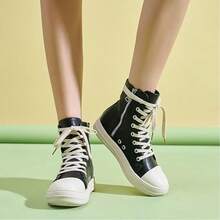Woman's Thin Shoelaces, Round Toe Shoes, High-Top Casual Shoes, Minority Retro Thick-Soled Skateboard Shoes. - 黑色 - 查看 7