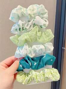 6个装花卉格子发圈，适合青少年，甜美清新风格，可扎马尾辫和丸子头，无卡片包装 - 彩色 - 查看 8