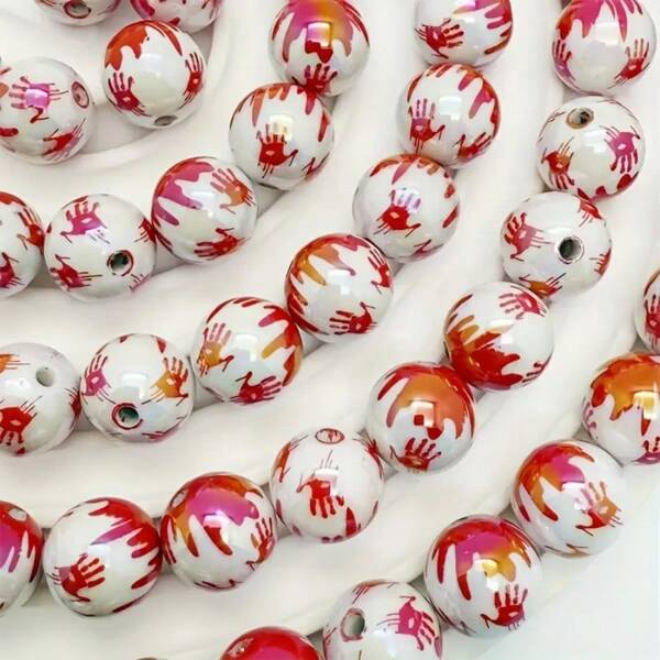 5/10/15 piezas Cuentas acrílicas con diseño de huella de mano ensangrentada de Halloween de 16mm - Blanco sólido con manchas rojas, encantos de terror, cuentas espaciadoras con agujero recto para hacer joyas, manualidades espeluznantes y decoración gótica