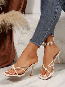 女式方头人字拖细高跟凉鞋，舒适休闲度假时尚百搭高跟凉鞋 - 杏色 - 查看 2