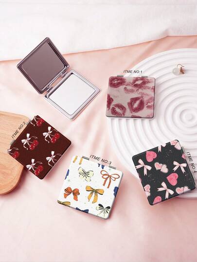 1pc Millennium Series Portable Vanity Makeup Mirror, Foldable Lightweight Ultra-Thin Convenient Hand Mirror, Durable PU Leather, Suitable For Multiple Scenarios, All People, Foldable Pocket Mirror With Unique Red Lip, Cherry, Bow, Heart Pattern Design, Precise Folding Structure, Durable And Reliable, Drop-Resistant, Easy To Carry, 180° Flip Cover, Multi-Function Mini Mirror,Giveaways,Travel,Cheap Stuff,Travel Essential