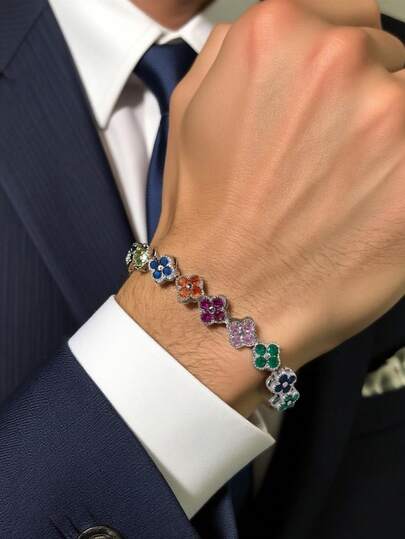 1 st. moderiktigt fyrklöverfärgat kopparzirkoniaarmbandssmycke, herrarmband i punkstil, lämpligt för mäns vardagskläder, sommar, present till vänner