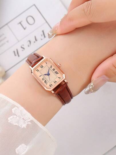 1 pieza Reloj de cuarzo con esfera de números romanos cuadrada y correa de bambú, adecuado como regalo de cumpleaños, vuelta al colegio, regalo de vacaciones de verano (sin caja)