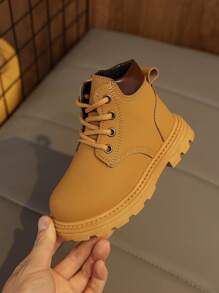 1 Pair Toddler/Kids Soft Suede PU Boots, Front Lace-Up, Side Zipper, Round Toe, Soft Sole, Retro British Style, Warm & Cute, Suitable For Boys & Girls, Everyday & School Wear, Autumn/Winter