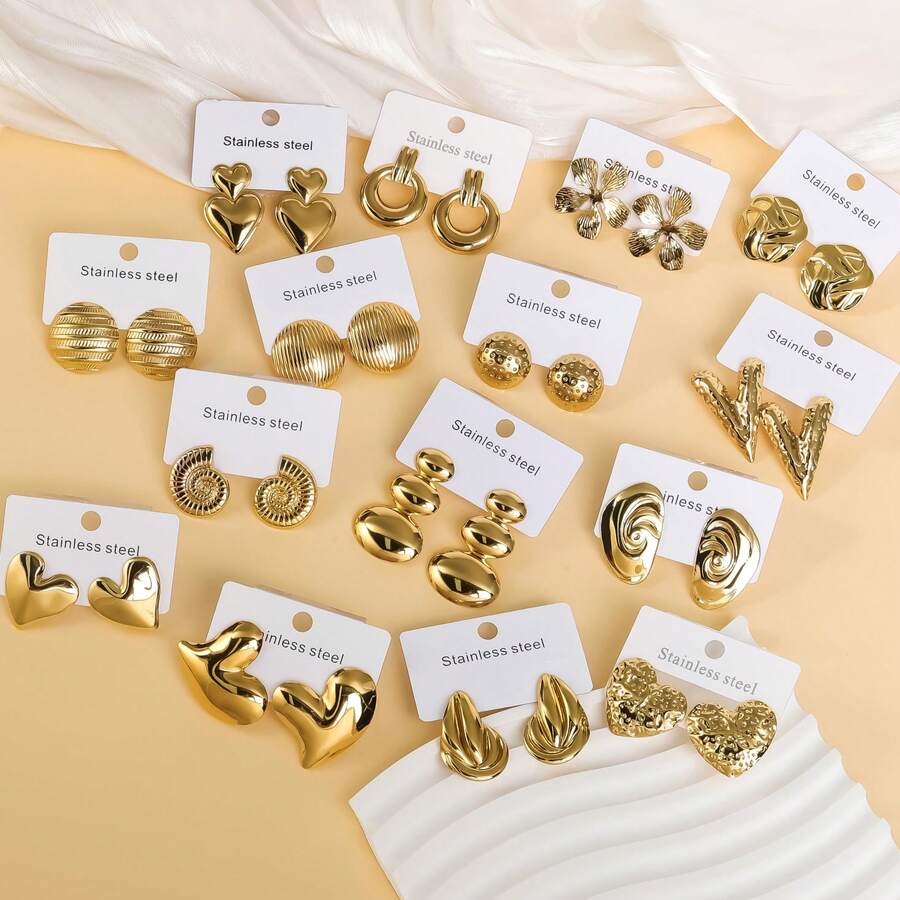 18 Pairs - 18K Gold Plated Stainless Steel Earrings - Multi-Element Design / Hypoallergenic / Suitable For All Seasons / Versatile Fashion Earrings For Women / Best Gift For Her (Random Assortment) - Multicolor - View 1