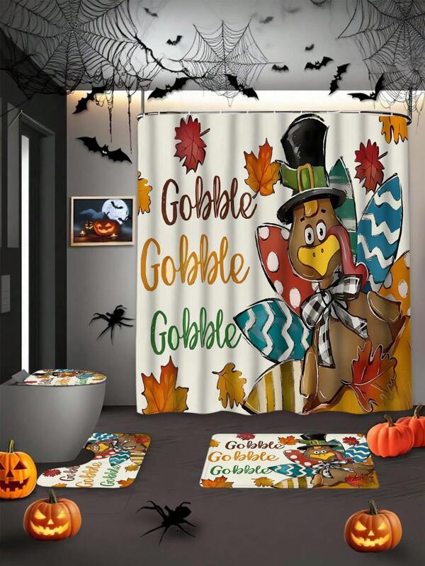 1 Set/4 Sets Thanksgiving Turkey Themed Waterproof Polyester Fabric Apartment Bathroom Shower Curtain Set, With Stall Shower Curtain, 12 Hooks, Bathroom Non-Slip Mat, Toilet Seat Cover & U-Shaped Mat, 4-Piece Bathroom Set, Suitable For Thanksgiving