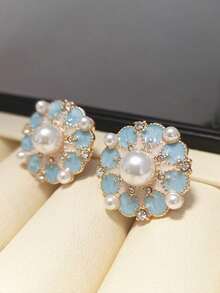 Vintage French Style Blue Enamel Flower Earrings With Imitation Pearls, Elegant Daily & Party Wear, All-Season Accessory - 藍色花朵耳環 - 查看 1