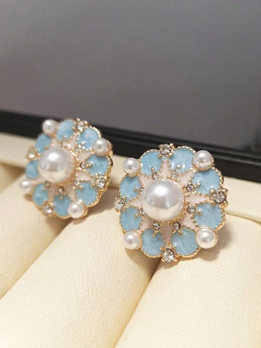 Vintage French Style Blue Enamel Flower Earrings With Imitation Pearls, Elegant Daily & Party Wear, All-Season Accessory - 藍色花朵耳環 - 查看 1