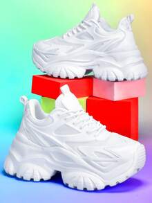 女士时尚休闲运动鞋户外纯白色厚底高跟轻便减震跑步鞋夏季透气速干网眼圆头易系带适合学生青少年日常生活约会健身办公防滑耐磨增高7CM百搭坡跟运动鞋