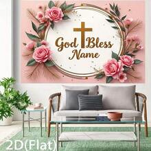 1 szt. Niestandardowy baner, tło z motywem błogosławieństwa w postaci kwiatowego krzyża, różowa róża i zielone rośliny, nadaje się na dekorację urodzinową