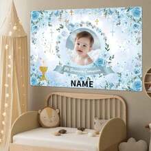 1 szt. Spersonalizowany, spersonalizowany, ręcznie robiony, uroczy niebieski kwiatowy wianek w kształcie krzyża, dekoracja chrztu, możliwość personalizacji imienia i zdjęcia, odpowiedni do pokoju dziecięcego, salonu, tła