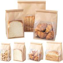 10 pungi de pâine cu legături de tablă. Pungile de pâine sunt fabricate din hârtie de bumbac maro. Pungile de depozitare au ferestre transparente și sunt potrivite pentru brutării, cafenele și pâine de casă. Sunt disponibile mai multe dimensiuni.