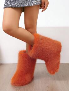 Women's Furry Faux Fur Boots Fuzzy Fluffy Mid Calf Snow Boots Suede Warm Fur Lined Booties Flat Fashion Boots - 橘色 - 查看 3