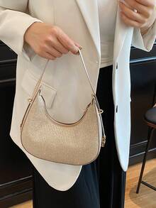 1pc Zipper Closure PU Solid Color Crescent Underarm Bag, Fashion Retro Office Shoulder Bag, Versatile Baguette Bag, Shiny Women Party Evening Bag, Suitable For Daily Use And Attending Banquets - Gold - View 5