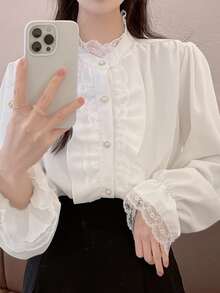 Women Solid Ruffled Lace Patchwork Button Front Long Sleeve Blouse, Casual, Spring/Autumn White - White - View 5