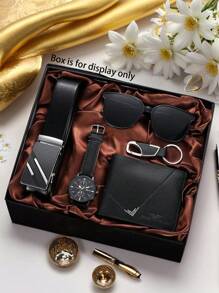5-Piece Classic Simple Business Personalized Men's Gift Set, Including A Quartz Watch, Wallet, Belt, Sunglasses And Key Chain, Ideal Gift For Father's Day, Holidays, Birthdays, Boyfriends