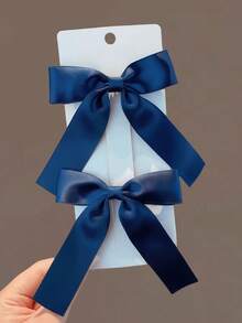 2pcs Girls' Simple Solid Color Bowknot Ribbon Hair Clips, Versatile - Multicolor - View 4