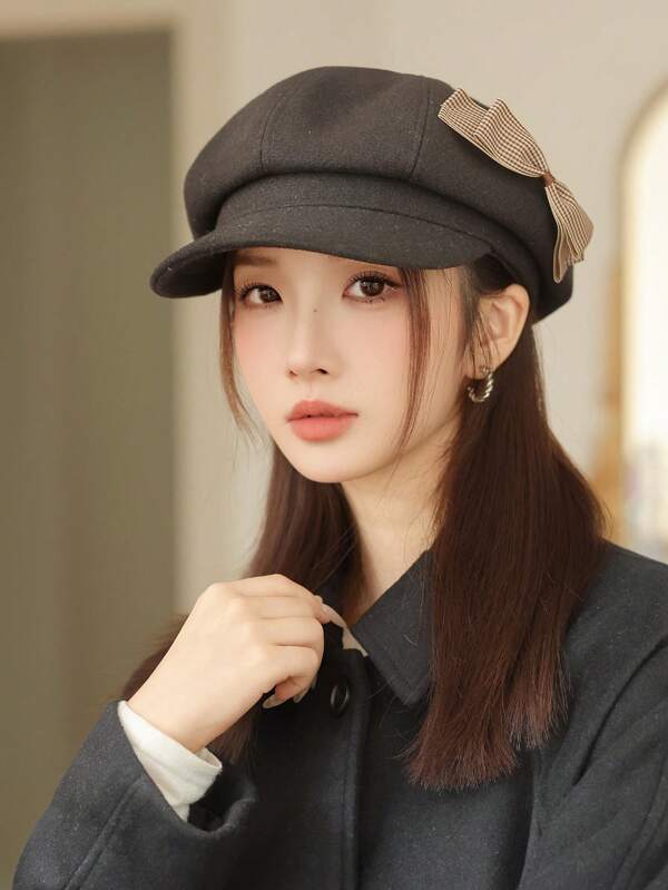 1pc Women's Solid Color Bow Octagonal Hat, Casual Fashion Lightweight Comfortable Beret Hat, Painter Cap, Large Head Circumference, Suitable For Autumn Daily Outings And Shopping