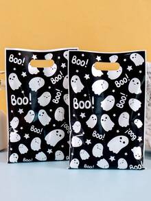 10/20/50 túi quà Halloween đen trắng có quai xách, túi nhựa đựng quà hình ma dễ thương dùng để trang trí tiệc Halloween 2025, túi đựng kẹo hình ma Boo, lễ hội rùng rợn, sự kiện kỷ niệm theo chủ đề đáng sợ, túi đóng gói quà tặng - Nhiều màu - Xem 9