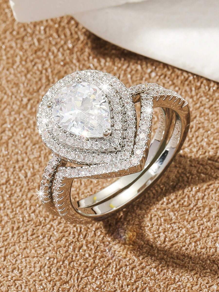 2 piezas Anillos de pareja elegantes y con chispeante circonita en forma de gota de agua, adecuados para boda, compromiso, Día de San Valentín y uso diario
