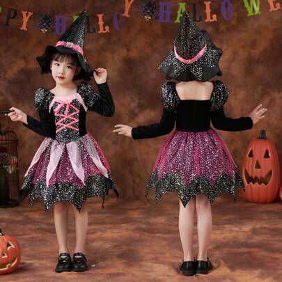 Halloween Witch Costume Set, Children's COS Costume, Witch Dress, Cloak, Hat Set, Funny Holiday Party Costume