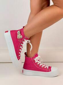 Women High-Top Thick-Sole Rhinestone Glitter Lace-Up Sneakers, Cute & Casual For Walking, Commuting, And Sport - Rose Red - View 4