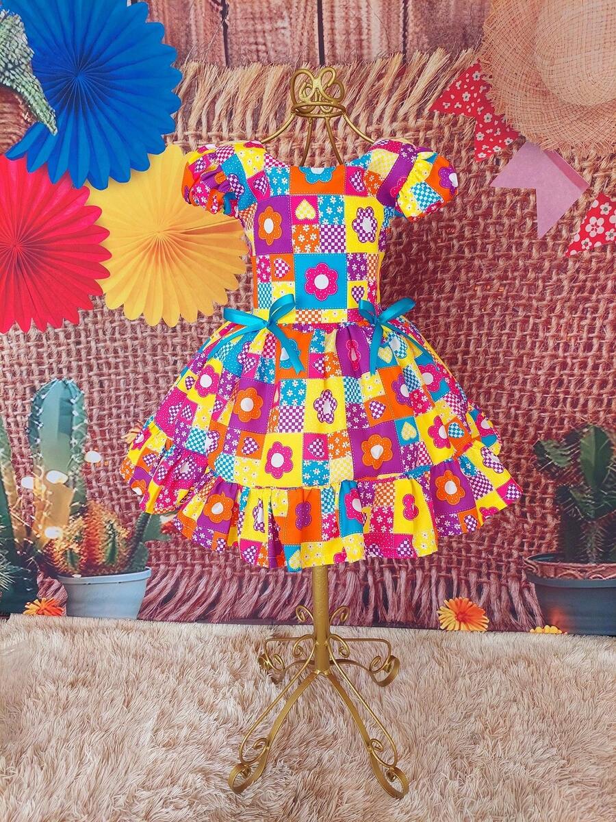 Children's Dress June Party Caipira Saint John Plaid Bow Square Dance School Fair Arraiá Northeast Costume Popcorn Queen Little Girl Girl Festivity Ruffle Youth Typical June Party - 珊瑚粉 - 查看 1