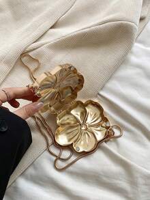 1 Peça Nova Bolsa de Mão Pequena para a Noite com Flor em Formato Metalizado Eletrodepositado Brilhante, Acessório de Moda com Corrente, Porta-Moedas Elegante, Estojo para Batom, Bolsa para Fone de Ouvido, Presente para Mulheres, Adequado para Dia dos Namorados, Festa, Vestido de Casamento, Uso como Bolsa de Ombro/Transversal - Dourado - Visão 5