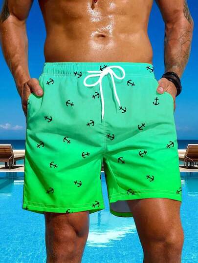 Plus Size Men's Anchor Print Ombre Swim Trunks, Beach Shorts