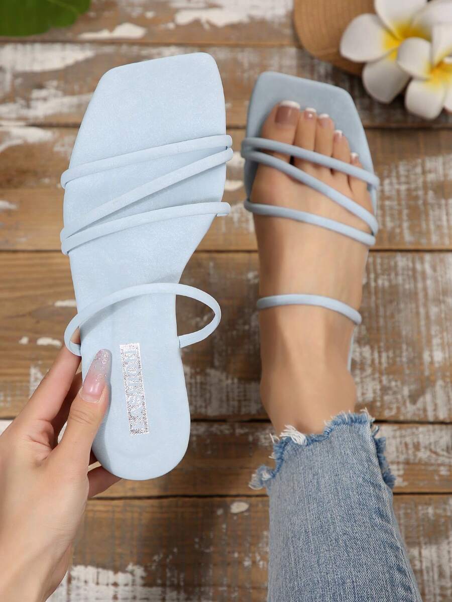 时尚可爱的中国风女士休闲平底凉鞋，方头，舒适的交叉带设计，适合夏季海滩度假波西米亚风，轻便露趾穆勒鞋