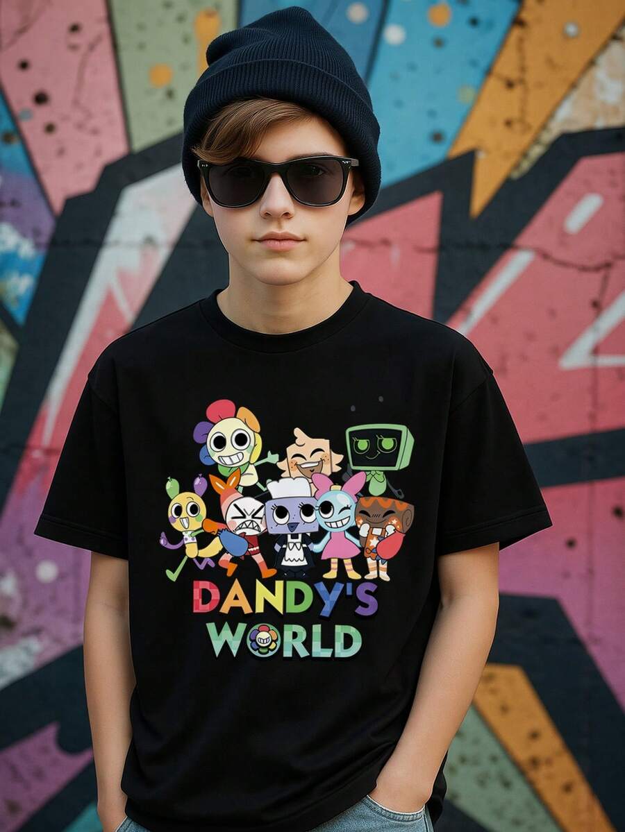 Tween Boys/Girls Summer Shirts "Dandy's World Cartoon Theme Cotton Graphic Tees, Black Casual Summer Tops With Cartoon Characters, Gift For Birthday, Kids Party, Fashion Retro Style" Boys Graphic Tees & Tween Girl Clothes - 黑色 - 查看 1