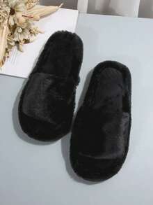 1 Pair Solid Color Casual Fabric Plush Women's Thick Bottom Slippers, Suitable For Weddings, Parties, Bridesmaids, White Fluffy Open-Toe Warm Indoor Slippers, Comfortable & Breathable For All Seasons - Black - View 7