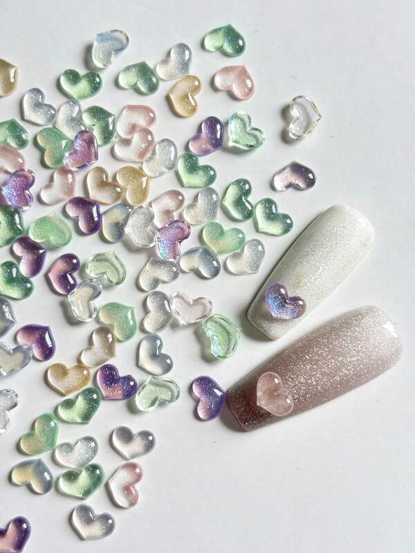 50pcs 6mm Resin Aurora Heart Nail Art Decorations, DIY Nail Art Supplies, 3D Easy Stick Nail Jewelry, Craft Design, Suitable For Summer Girls Nail Charm, Phone Case Decor, Minimalist Style Japanese & Korean Popular Nail Charm, Nail Art Supplies