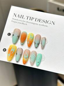 10 Pieces Of Handmade Nail Stickers, With An Orange-Yellow Gradient French Style Design, A Green Contrast Color Design, And Metal Lines. These Reusable Nail Products Are Suitable For Women To Wear. They Come With Jelly Glue And A Friction Rod, As Well As A Crystal Rod. - 彩色 - 查看 4