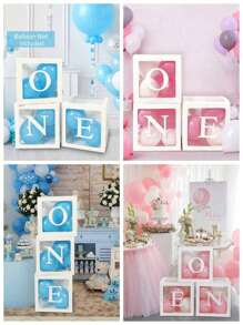 适合男孩或女孩的一周岁生日装饰套装，包含3个“ONE”字样气球、透明积木拼成的“ONE TWO THREE”字母，可用作拍照道具和蛋糕背景。不含气球。 - 白色 - 查看 4