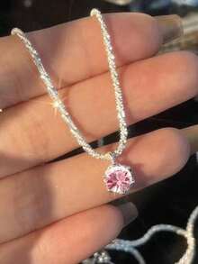 1 chiếc vòng cổ mặt pha lê đơn bạc, dây chuyền xương đòn bằng đồng thời trang, vòng cổ ngắn thanh lịch, phù hợp với trang phục thường ngày của phụ nữ - Hồng - Xem 3