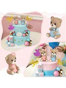 16件套 - 可爱泰迪熊蛋糕装饰，泡沫球蛋糕装饰（多种颜色），婴儿派对蛋糕装饰，软橡胶娃娃装饰，泰迪熊生日蛋糕装饰，婴儿派对装饰，性别揭晓派对（蓝色） - 彩色 - 查看 3