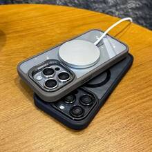 Funda Protectora de Teléfono Tres en Uno con Marco Metálico Magnético Simplificado y Película/Soporte para Lentes, Adecuada para iPhone 16 16pro 16ProMax 15 15Pro 15ProMax 14 14Pro 14ProMax 13 13Pro 13ProMax 12 12Pro 12ProMax 11, Carcasa Dura Anticaída - Negro - Ver 6