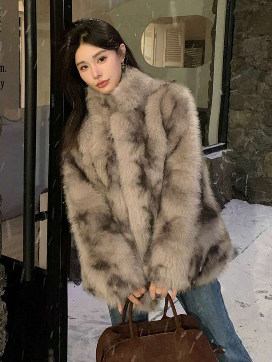 Korean Style Fashionable Faux Fur Midi Coat For Women, Winter - Coffee Brown - View 1