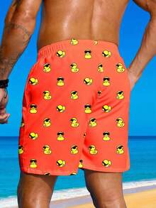 Plus Size Men's Fashionable Duck Print Drawstring Waist Casual Beach Shorts, Vacation Style - Burnt Orange - View 2