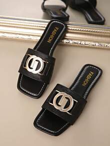 [Sandalias planas casuales] Sandalias planas casuales de verano para mujer con hebilla de cadena, punta abierta, slip-on, suela de TPR - Adecuadas para la playa