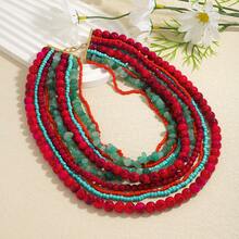 1 件波西米亚风格天然宝石和彩色手工串珠项链，欧美优雅多层锁骨链，适合大型聚会、派对、音乐节，时尚百搭