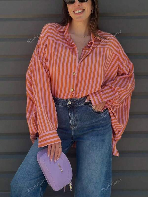 Plus Size Spring And Autumn Languor Stripe Lapel Long Sleeve Loose Casual Shirt