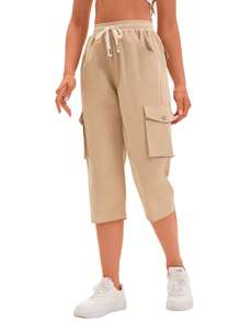 2025 年夏季女士时尚实用七分裤，带松紧腰带和口袋，休闲街头服饰