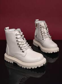 1 Pair White Infant Boots, Solid Color Front Lace-Up, Side Zipper, Metal Buckle, Simple Round Toe, Rubber Anti-Slip Sole, Outdoor Fashion Boots Suitable For 3-12 Years Old Boys And Girls, Students, Autumn/Winter New Style For Vacation, Casual, Party