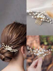 1 件手工仿珍珠和水钻发梳，侧梳小发饰，新娘婚礼发型装饰，梳子，发梳 - 彩色 - 查看 3