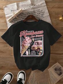 Moonbeam Ice Cream  Print Casual Round Neck Short Sleeve T-Shirt Tops Women's Summer Tops - Black - View 2