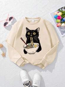 1 件女童可爱有趣的黑猫吃面条印花圆领运动衫，舒适柔软，春秋日常休闲装 - 杏色 - 查看 2