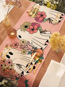 1 pieza Camino de mesa de lino con estampado de calabaza de Halloween y flores, adecuado para fiestas, cumpleaños, cenas, decoración de cocina y comedor, cubierta para muebles de almacenamiento, decoración del hogar para todas las temporadas